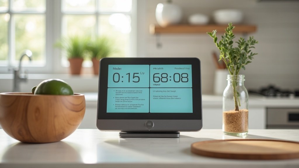 Smart display on a kitchen counter showing recipes and time