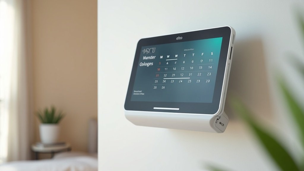 Amazon Echo Show 15 mounted on a wall displaying widgets and calendar