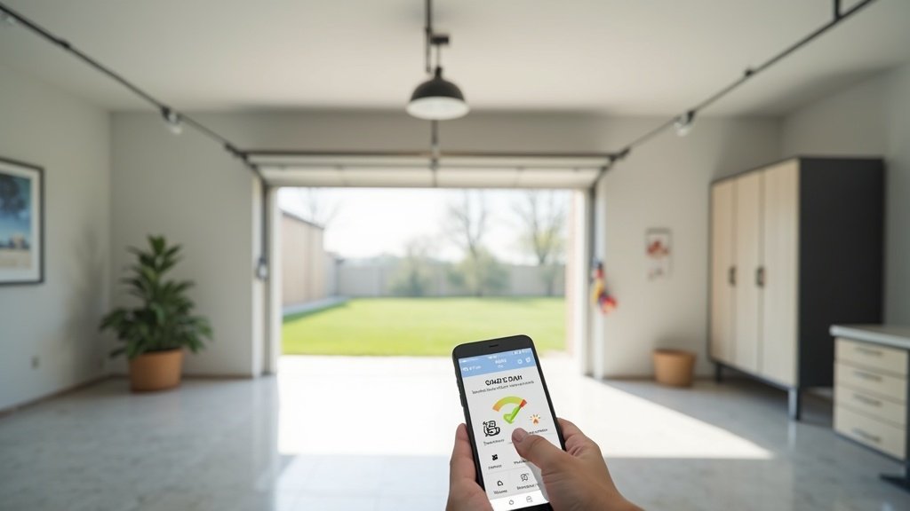 Smart garage door controller with smartphone showing app