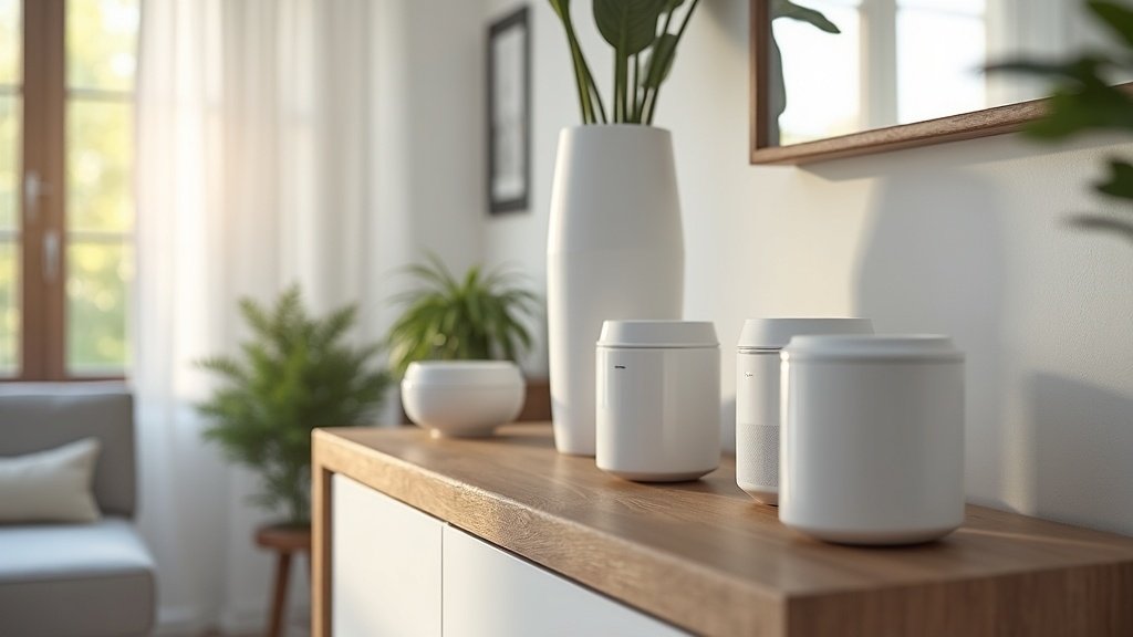 Smart home hub devices arranged on a modern console table in a living room