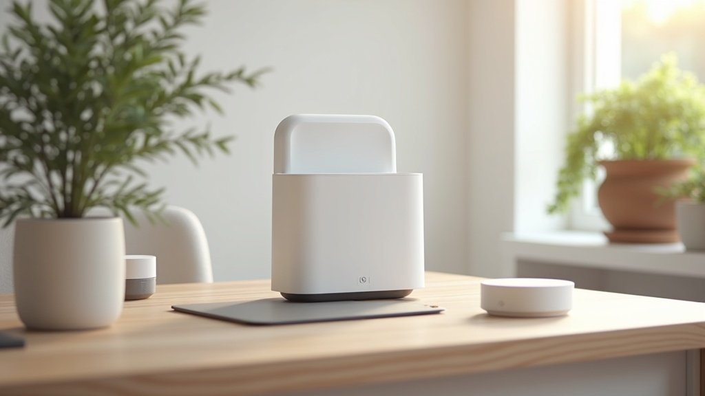 Hubitat Elevation smart home hub connected on a desk with various smart sensors nearby