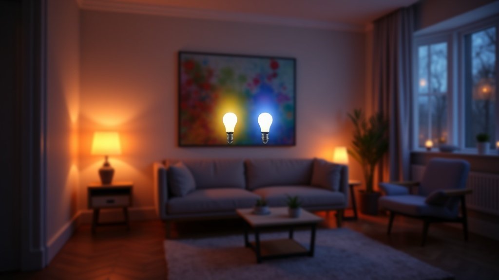 Smart light bulbs glowing in various colors in a modern living room