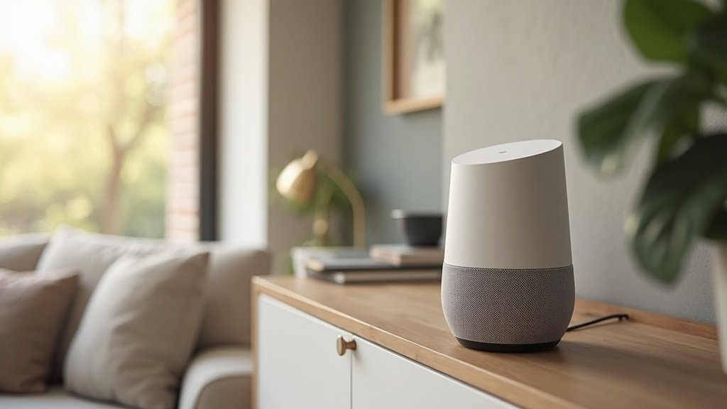 Smart speaker on a living room shelf controlling smart home devices