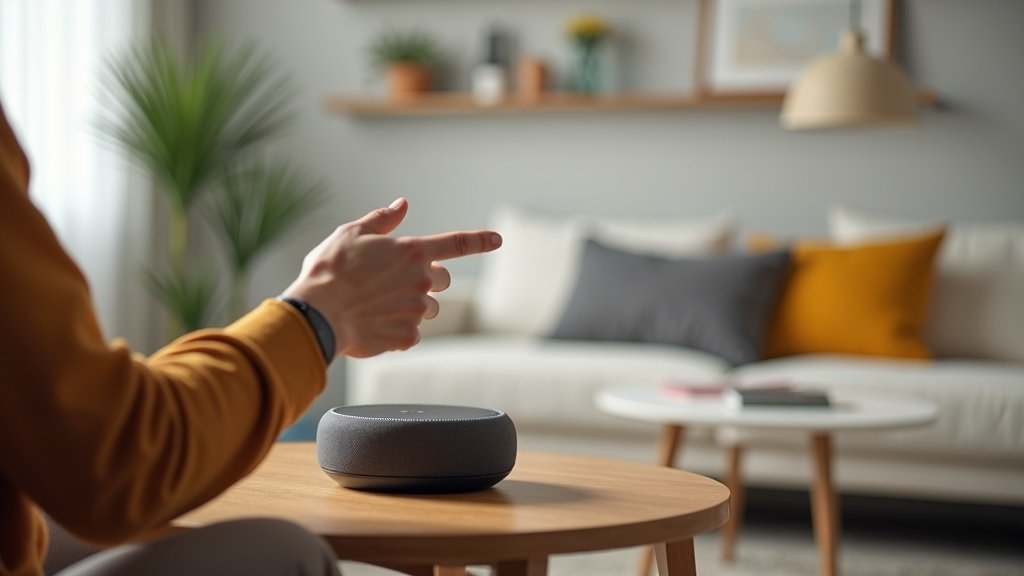 Person using voice commands with smart speaker in modern living room