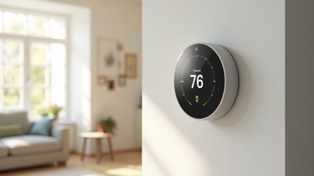 smart thermostat mounted on living room wall