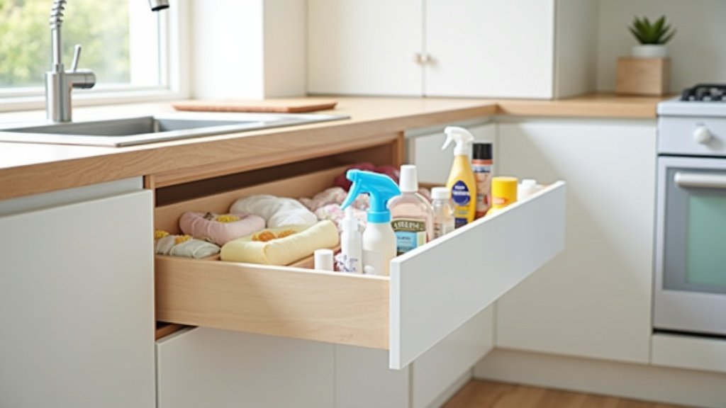 Neatly organized under sink cabinet with pull-out organizer and cleaning supplies