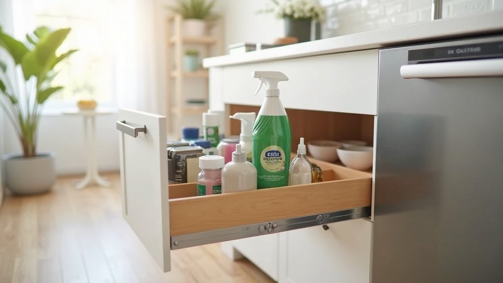 Under sink pull-out organizer with cleaning supplies in a modern kitchen cabinet