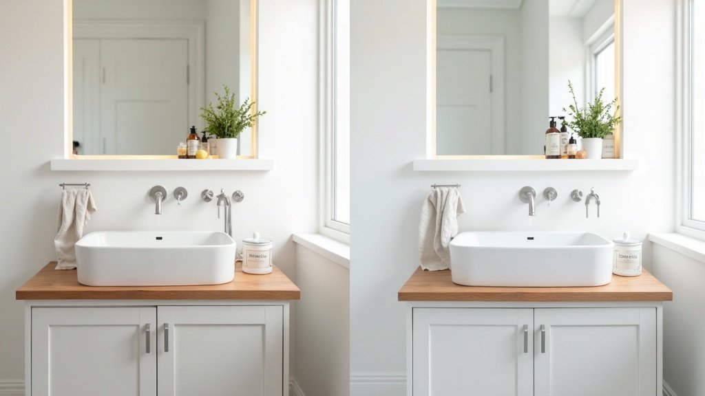 Before and after comparison of organized under sink bathroom cabinet