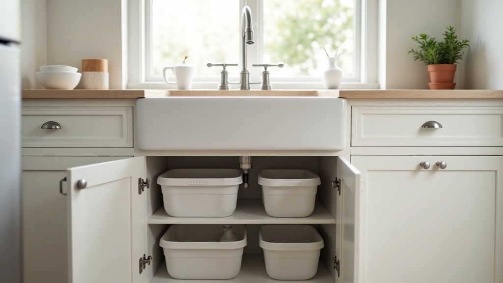 organized under sink cabinet with storage bins