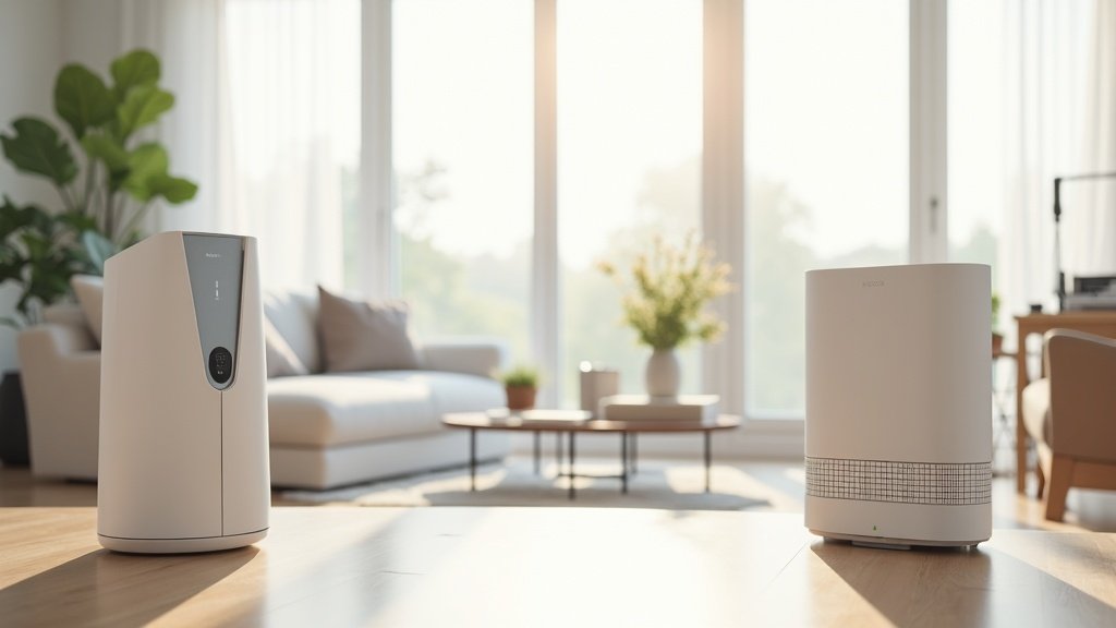 Two air purifiers side by side in a bright modern living room with clean air