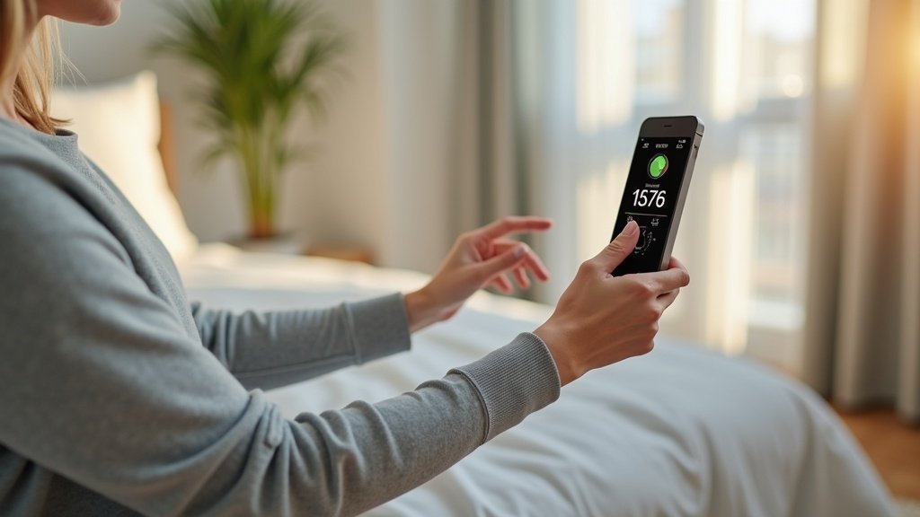 Person checking air quality reading on a smart air purifier display in a bedroom