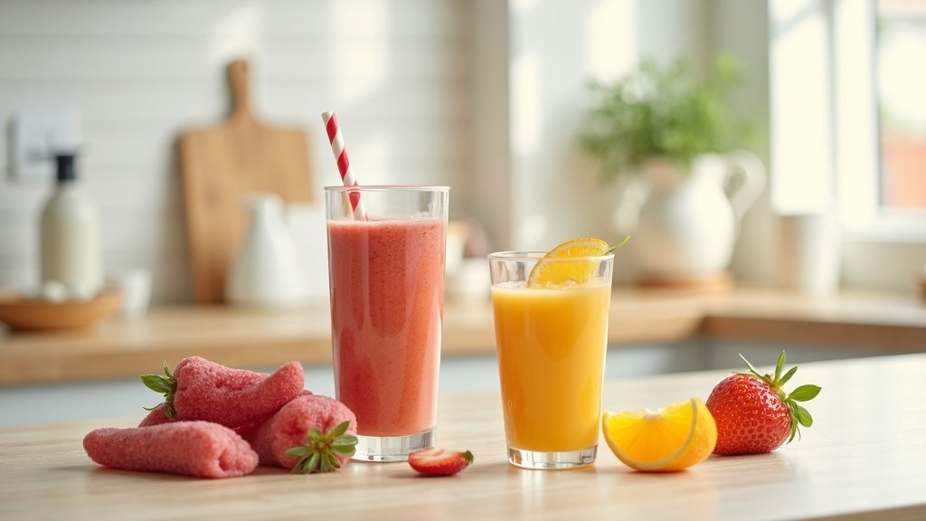 Colorful smoothies and frozen desserts on kitchen table