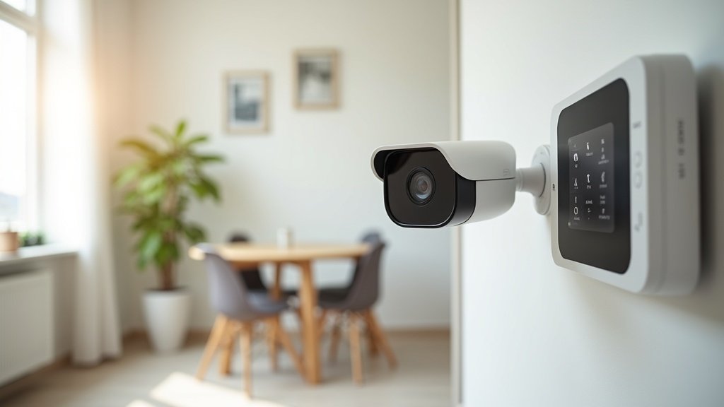 Smart home security setup with cameras and alarm panel