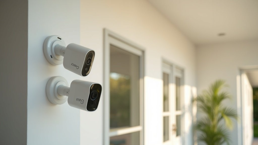 Ring and Blink security cameras mounted on a house exterior