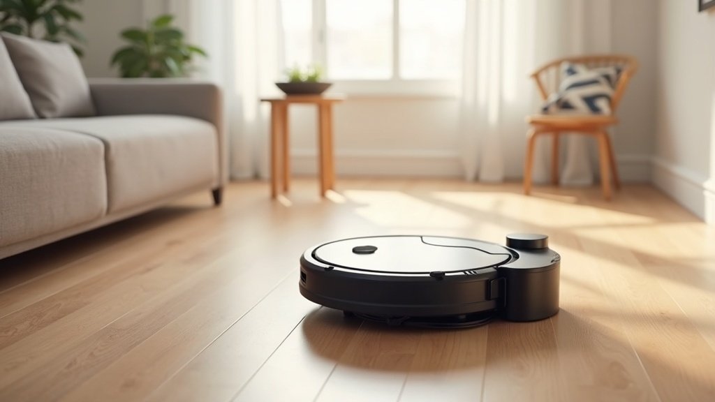 Roborock Saros 20 robot vacuum on hardwood floor next to its self-empty dock station