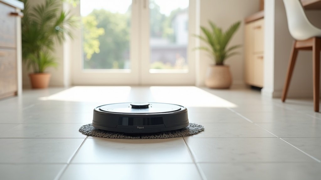 Close-up of Roborock Saros 20 mopping a kitchen tile floor with visible cleaning path