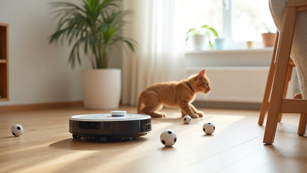 Roborock Saros 20 navigating around furniture legs and pet toys in a living room