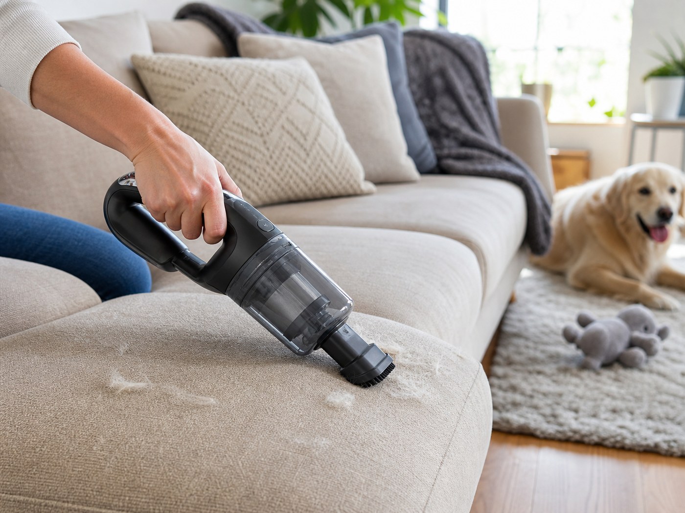 Handheld vacuum cleaning pet hair from a sofa with a dog in the living room