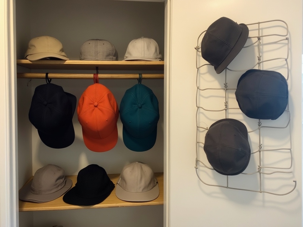 Hat organizer ideas showing caps stored on closet shelves, wall hooks, and a door rack