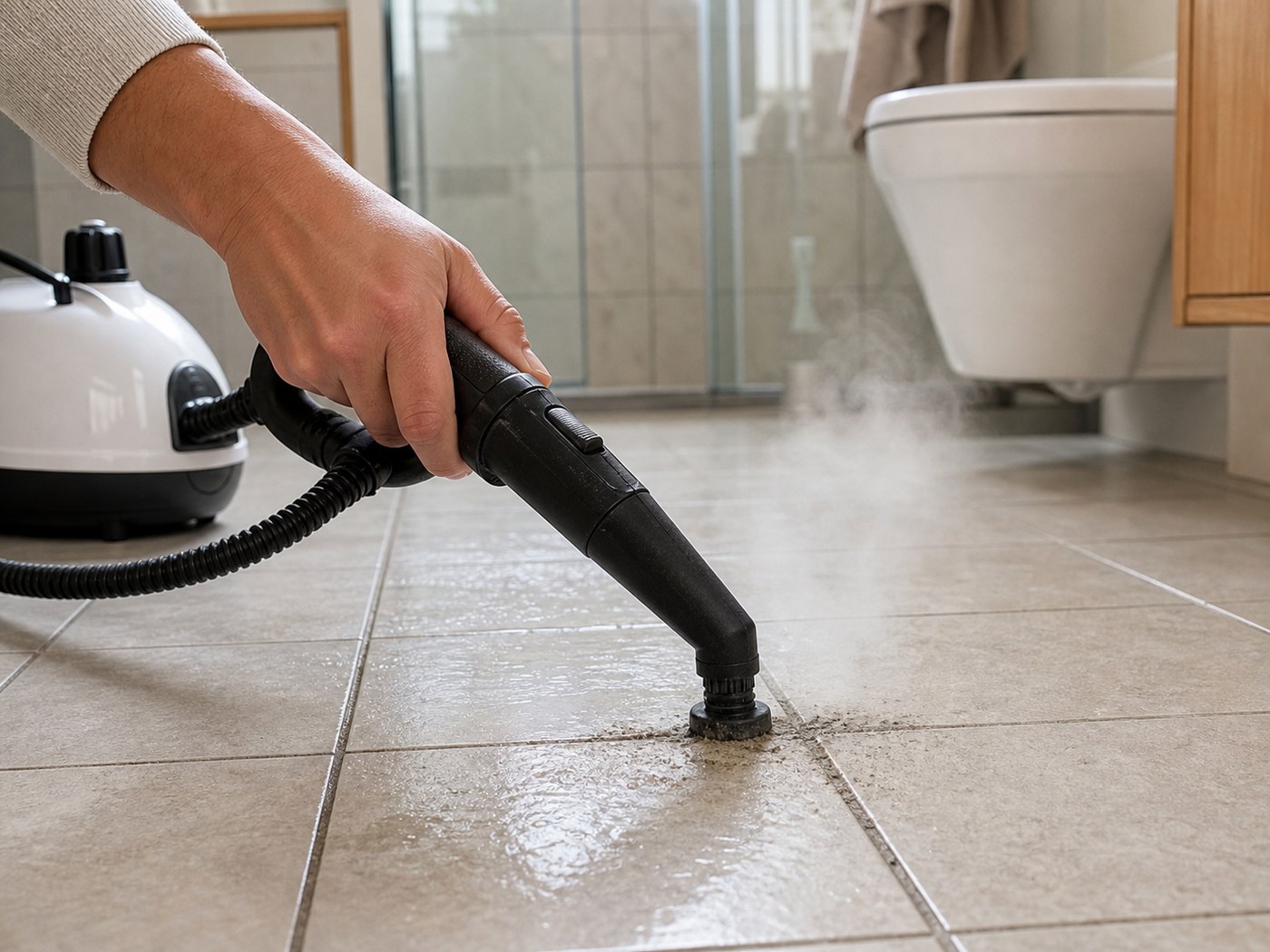 Handheld steam cleaner removing grime from bathroom tile grout