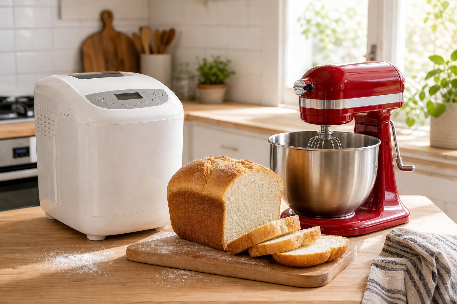 Bread maker and stand mixer side by side with fresh homemade bread