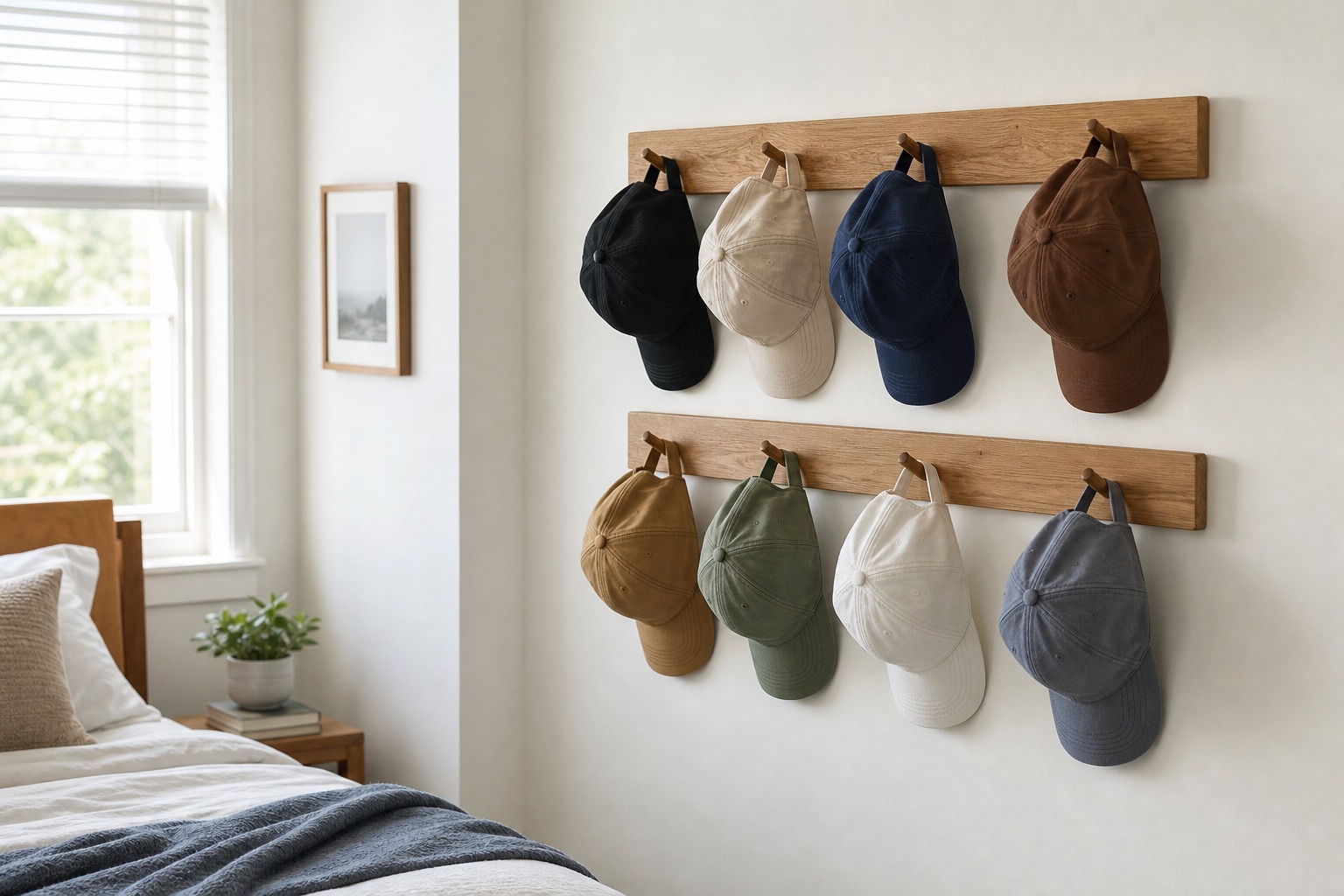 Baseball caps hanging on a wooden wall rack without warped brims