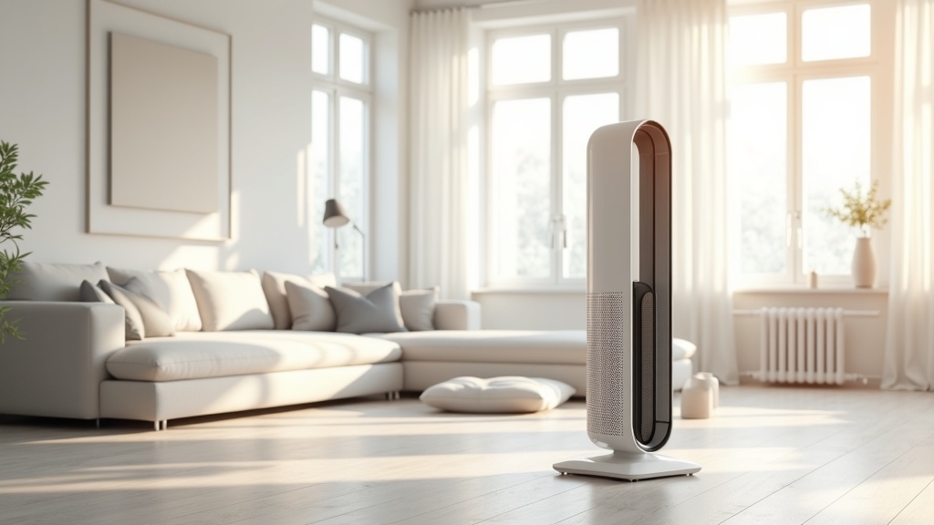 Dyson Find Follow Purifier Cool tower air purifier fan in a modern living room