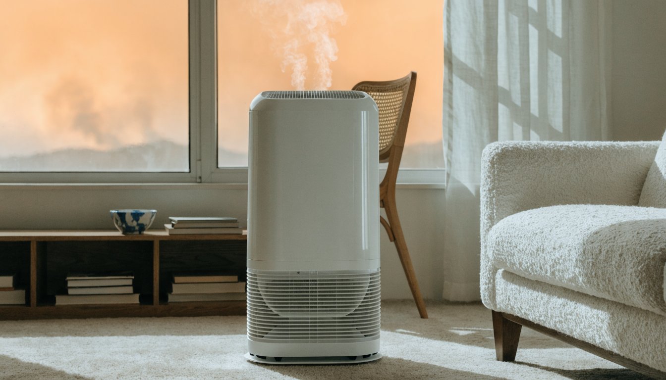 Air purifier running in a living room with a hazy wildfire-smoke sky outside
