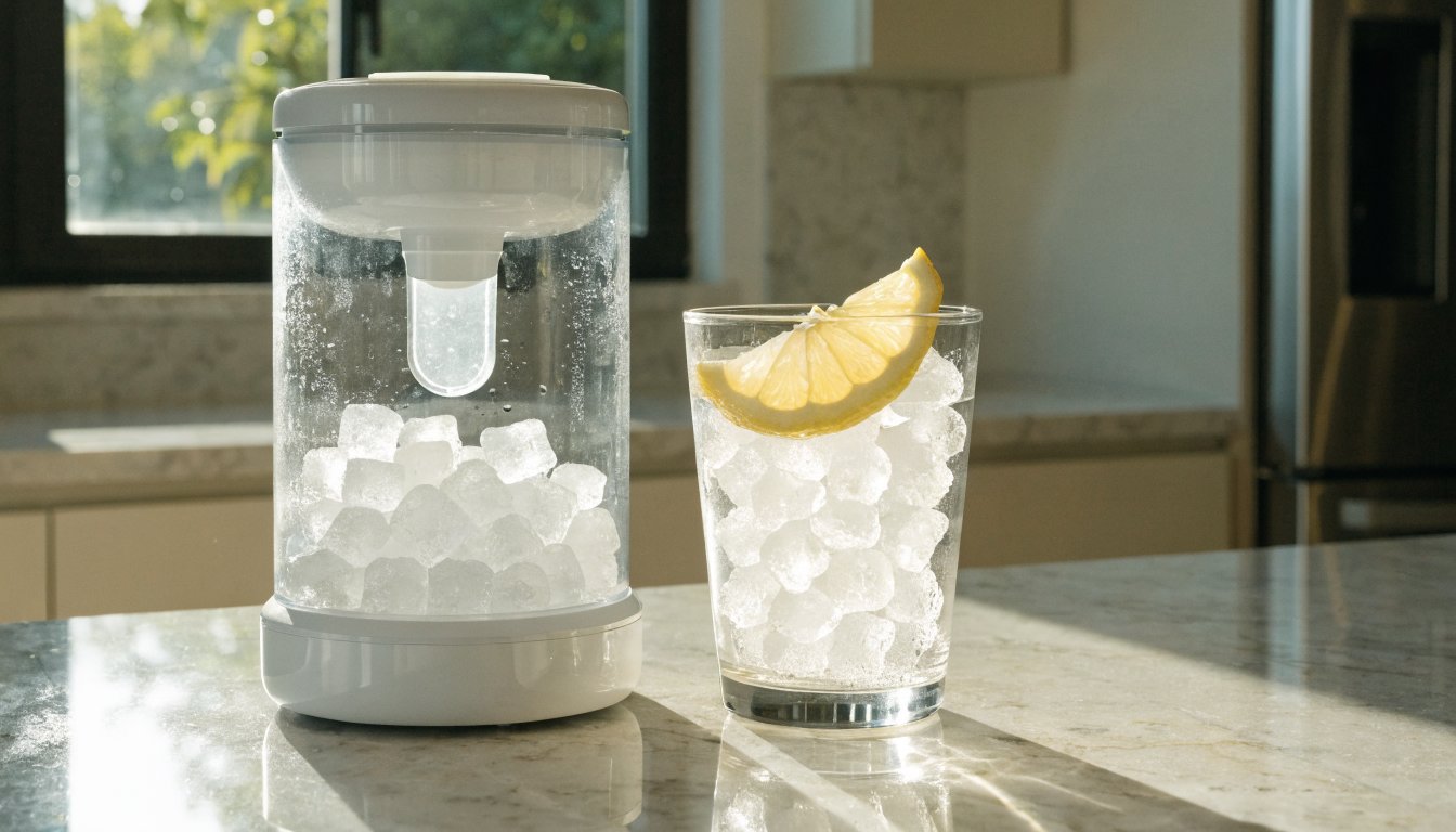 A countertop nugget ice maker beside a glass of chewable nugget ice on a kitchen counter