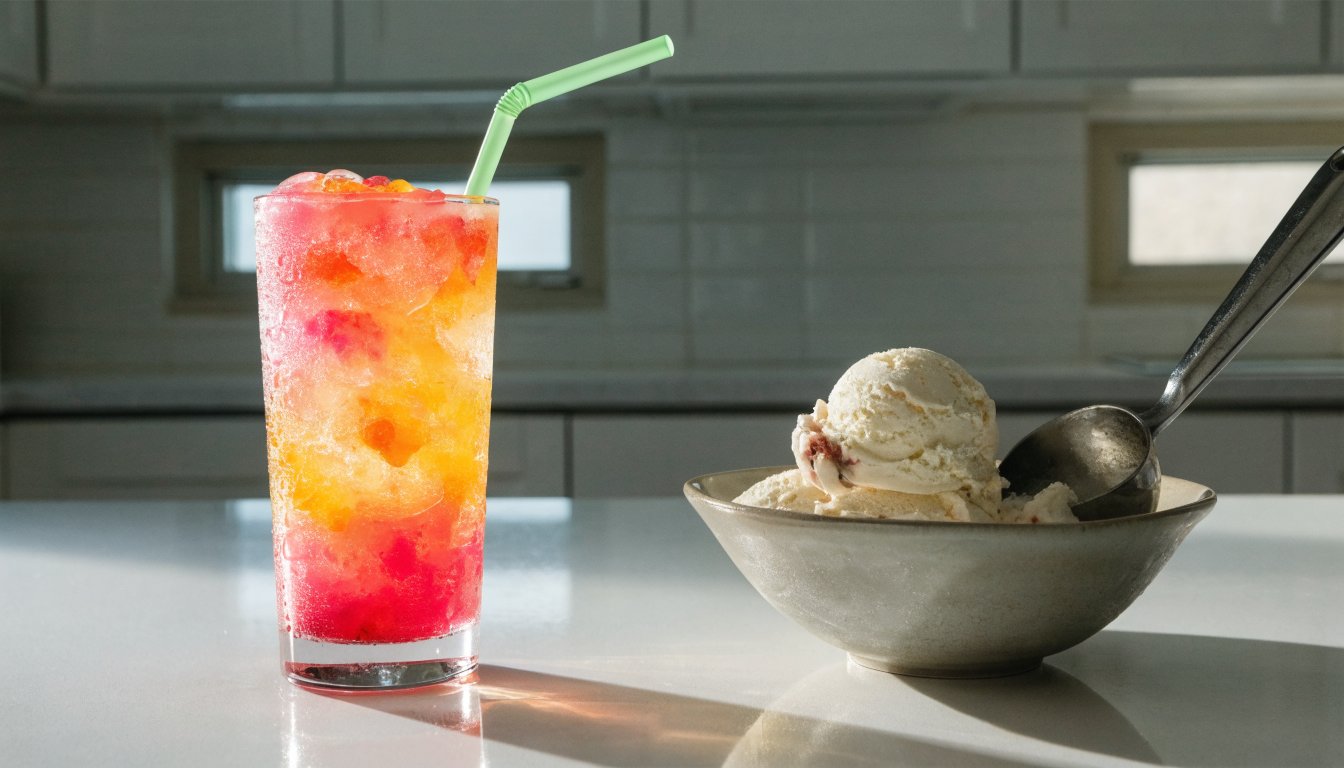 A frozen slushie drink beside a bowl of scoopable ice cream on a kitchen counter