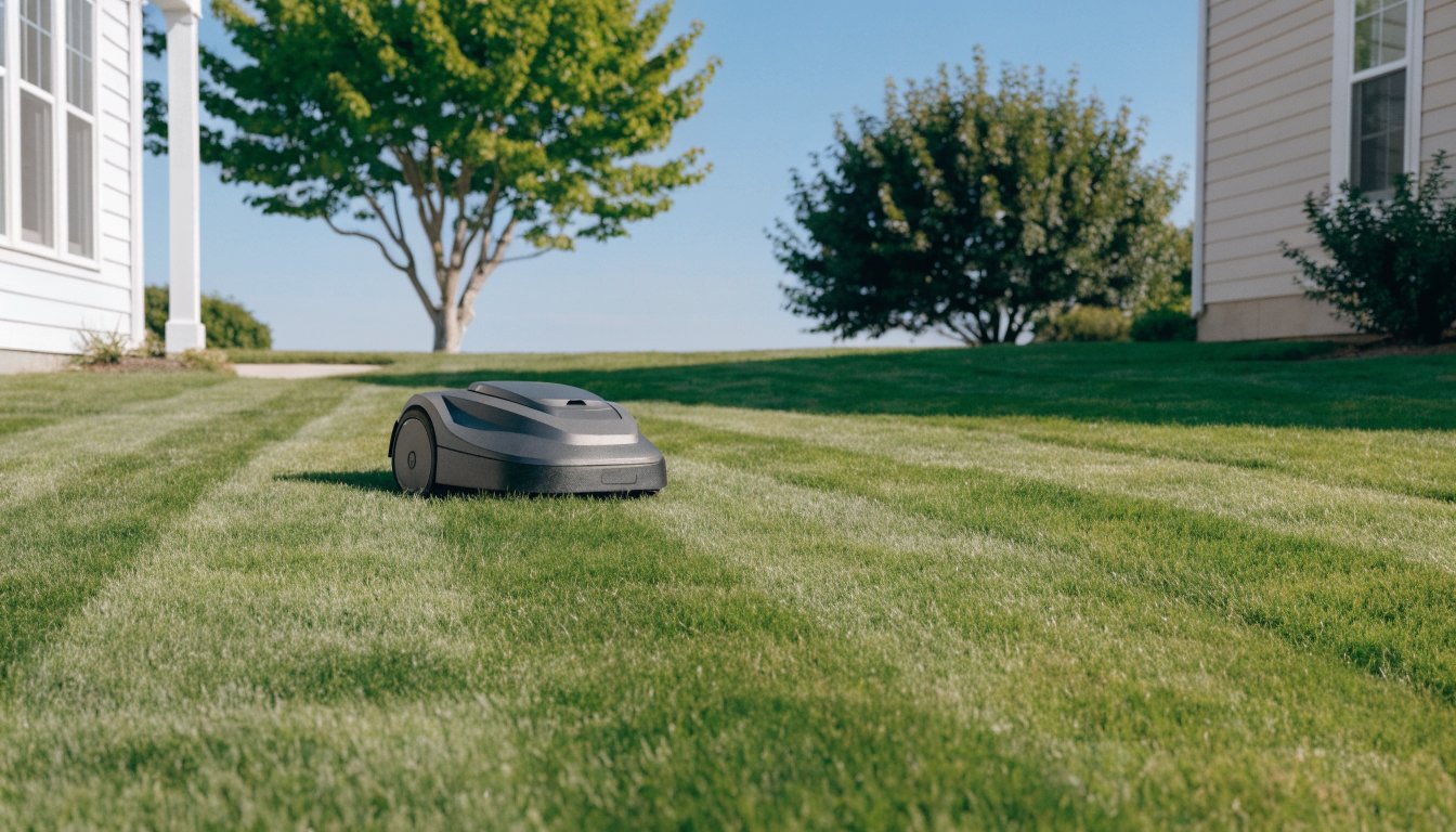 Wire-free robot lawn mower on a striped green suburban lawn