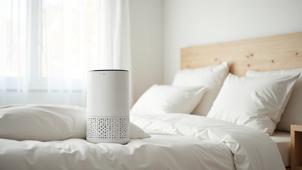 Air purifier running next to a bed in a bright bedroom