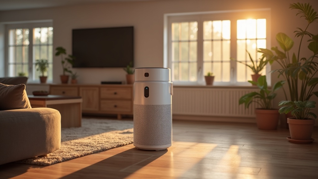 A modern air purifier in a finished basement family room