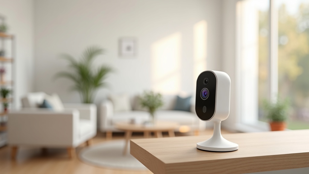 A small white indoor WiFi security camera on a shelf overlooking a living room