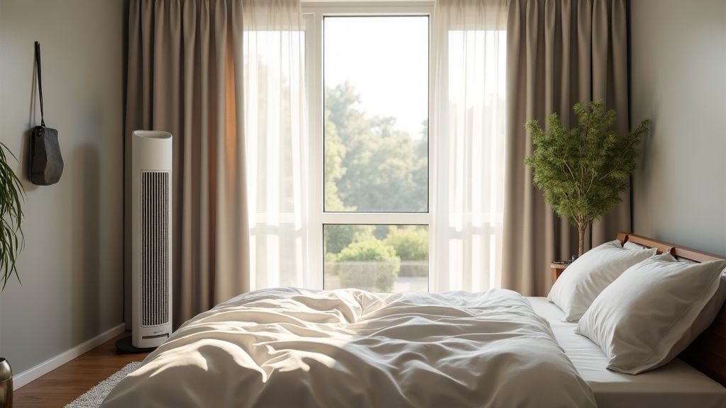 Tower fan and blackout curtains in a bright upstairs bedroom