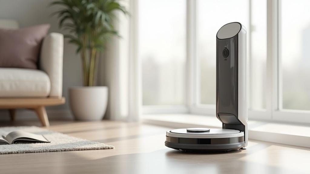 Robot vacuum beside a tall bagless cyclone self-empty dock