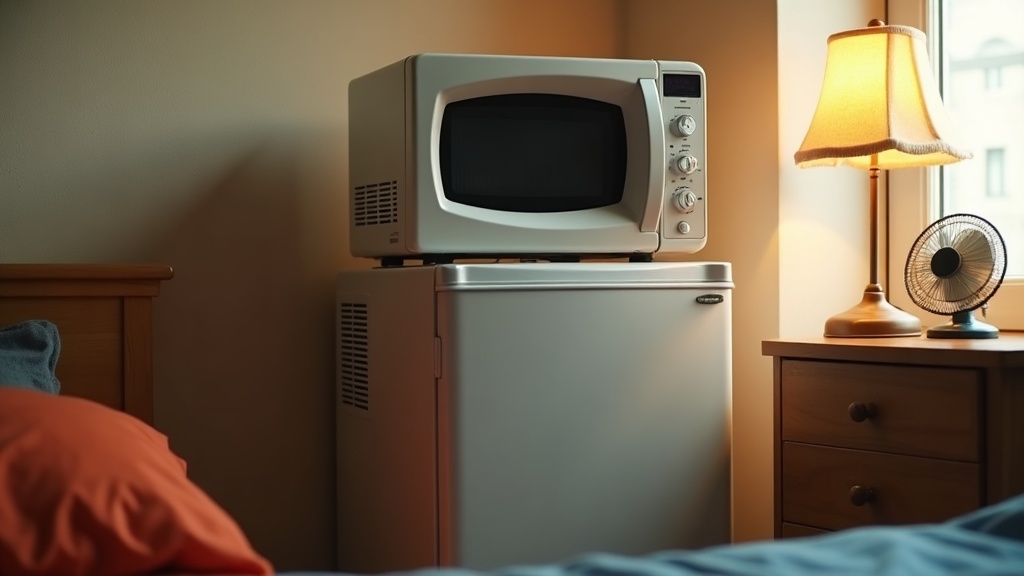 Tidy dorm room desk with a mini fridge, fan and small appliances