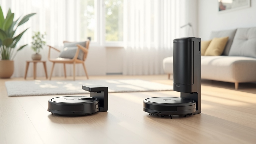 Two self-emptying robot vacuums with docks side by side on hardwood floor