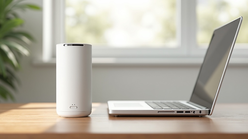 Small compact air purifier on a desk in a bright room