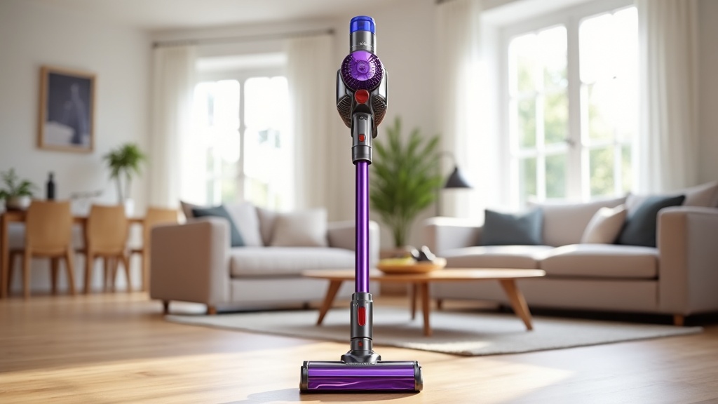 Cordless stick vacuum standing on hardwood floor