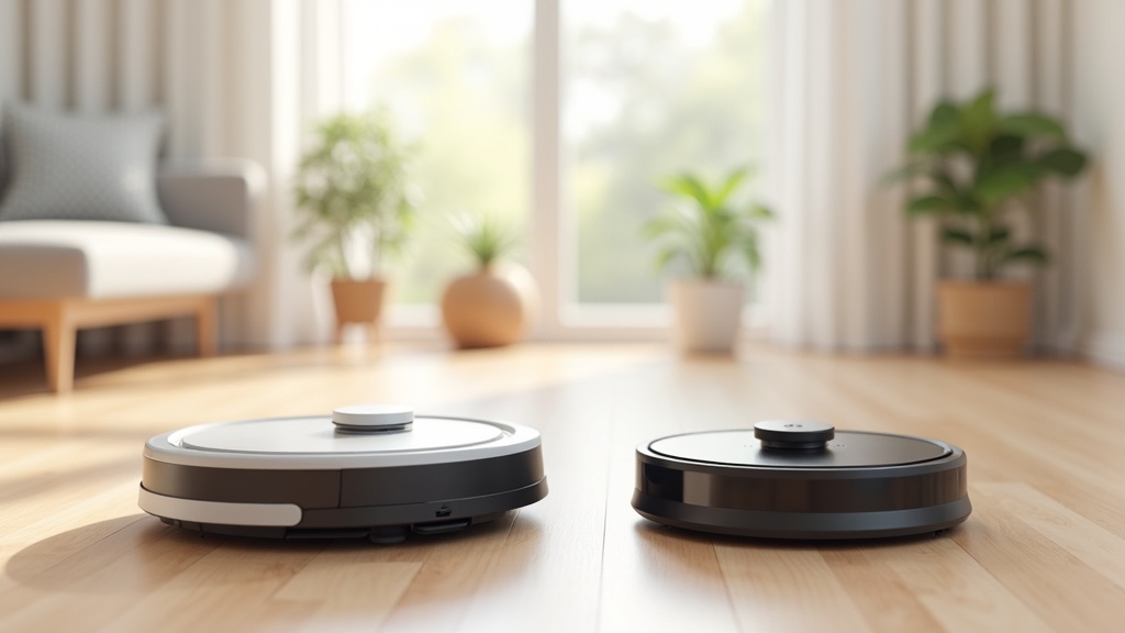 Two mid-range robot vacuums side by side on hardwood floor