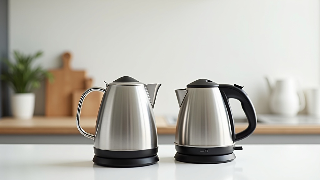 Two gooseneck electric kettles side by side on a kitchen counter