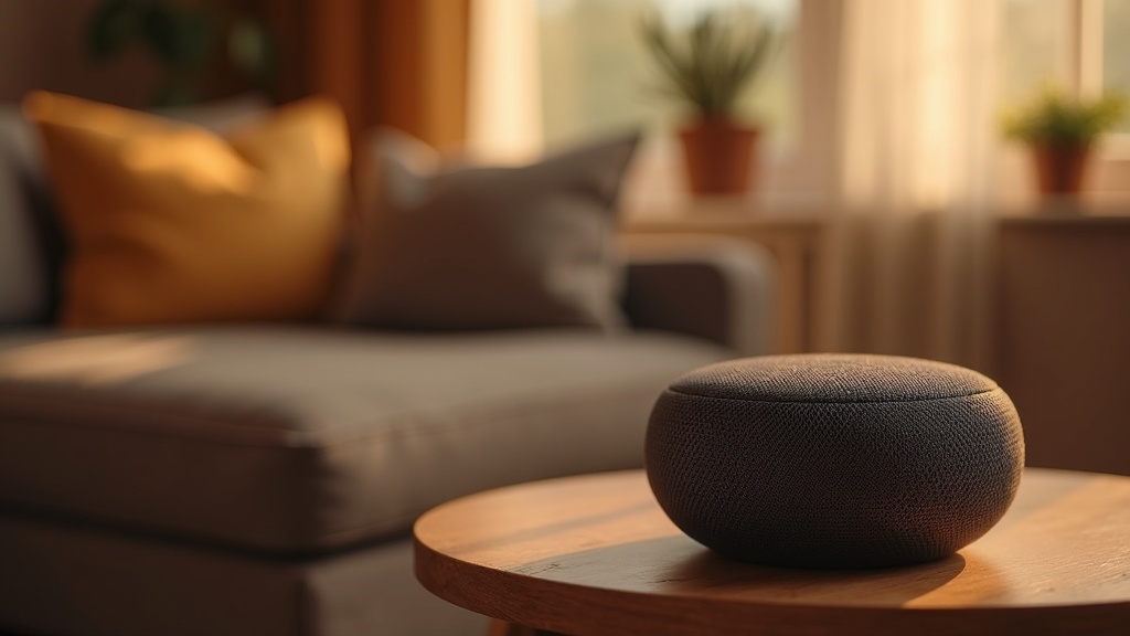 Compact smart speaker on a living room shelf
