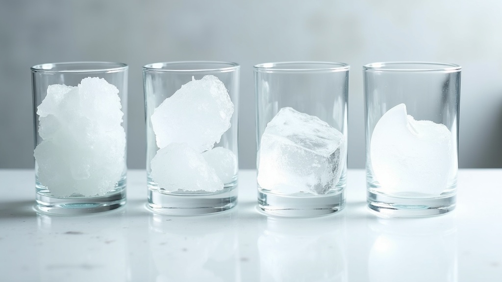 Four types of ice - nugget, bullet, clear cube and crescent - compared side by side