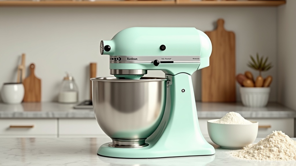 Stand mixer on a marble kitchen counter with baking ingredients