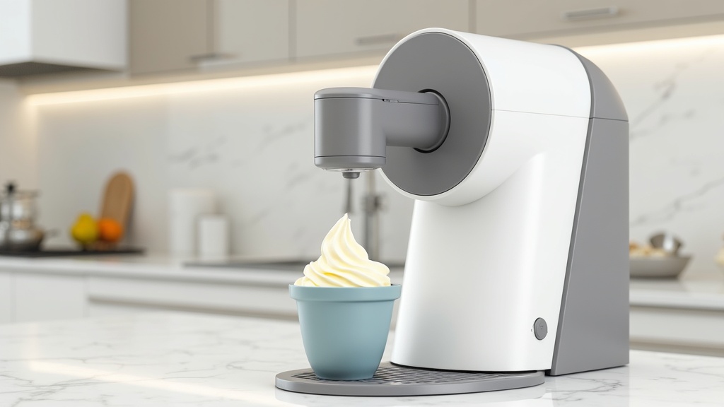 Ninja CREAMi style ice cream maker dispensing soft serve on a kitchen counter