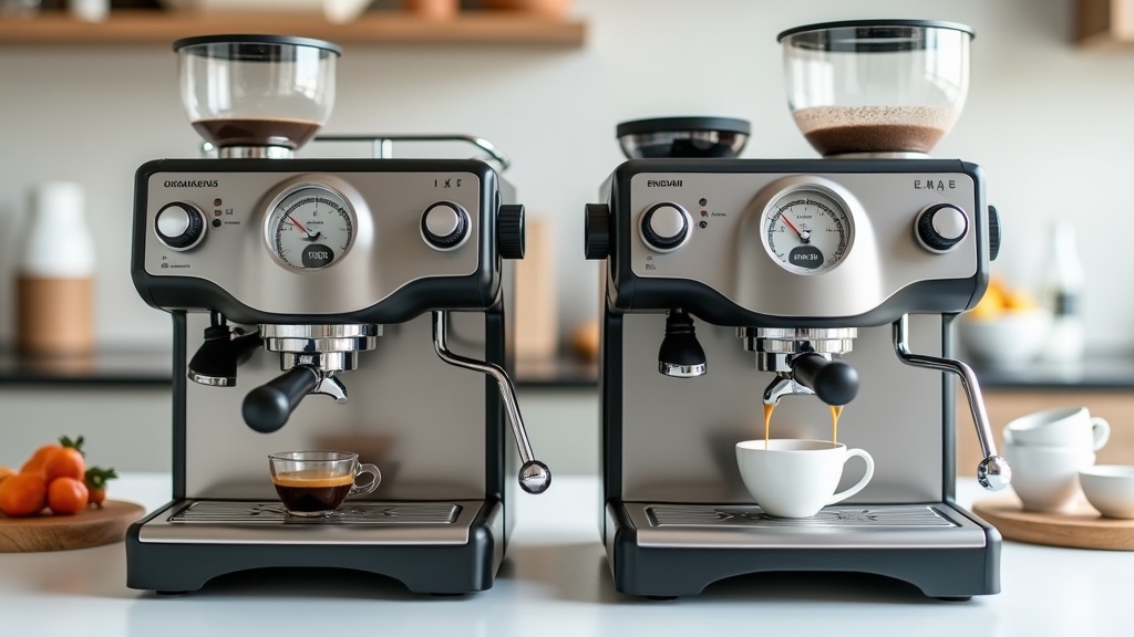 Two espresso machines with built-in grinders side by side on a kitchen counter