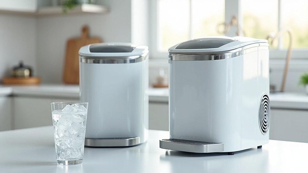 Two countertop nugget ice makers side by side on a kitchen counter