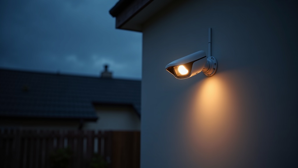 Outdoor security camera with floodlight mounted on a house wall