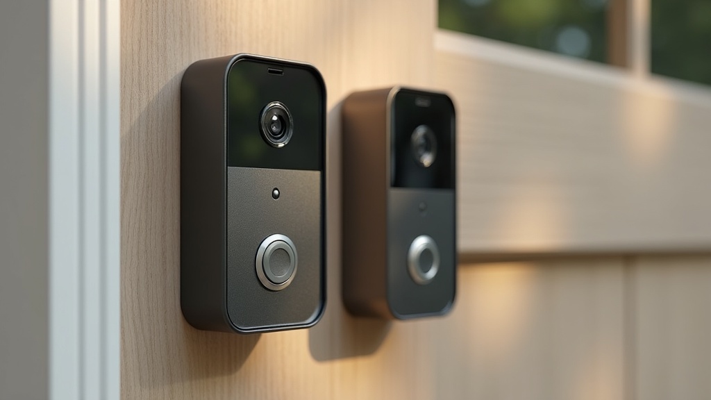 Two video doorbells mounted side by side by a front door